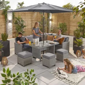 Ciara L-Shaped Corner Rattan Lounge Dining Set with 3 Stools - Right Handed Parasol Hole Table