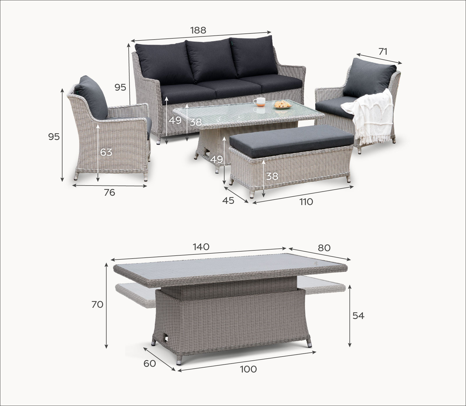 Talia 3 Seater Rattan Dining Set with 2 Armchairs & Bench - Rising Table
