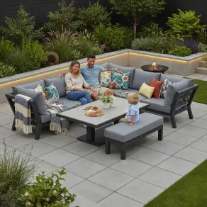 Emerson L-Shaped Aluminium Dining with Bench & Rising Table