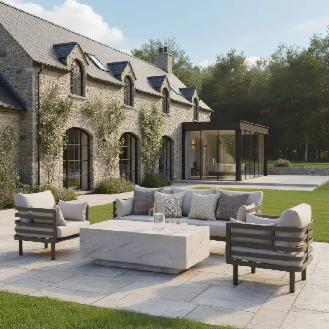 Metro Aluminium 3 Seat Sofa Armchairs Stone Coffee Table Set Metro Aluminium 3 Seat Sofa Armchairs Stone Coffee Table Set
