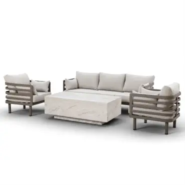 Metro Aluminium 3 Seat Sofa Armchairs Stone Coffee Table Set