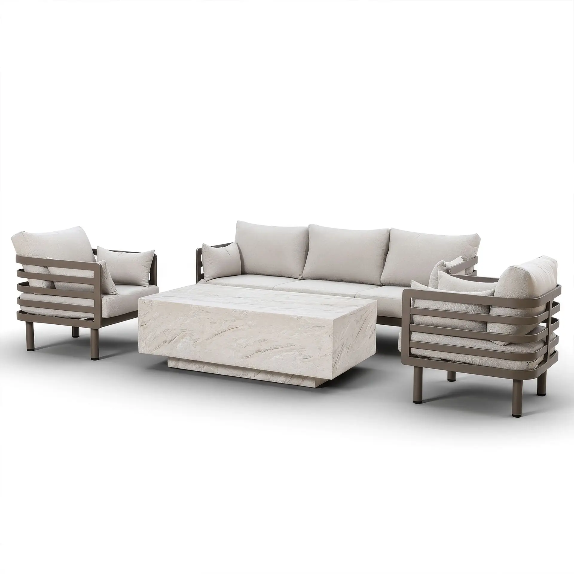 Metro Aluminium 3 Seat Sofa Armchairs Stone Coffee Table Set