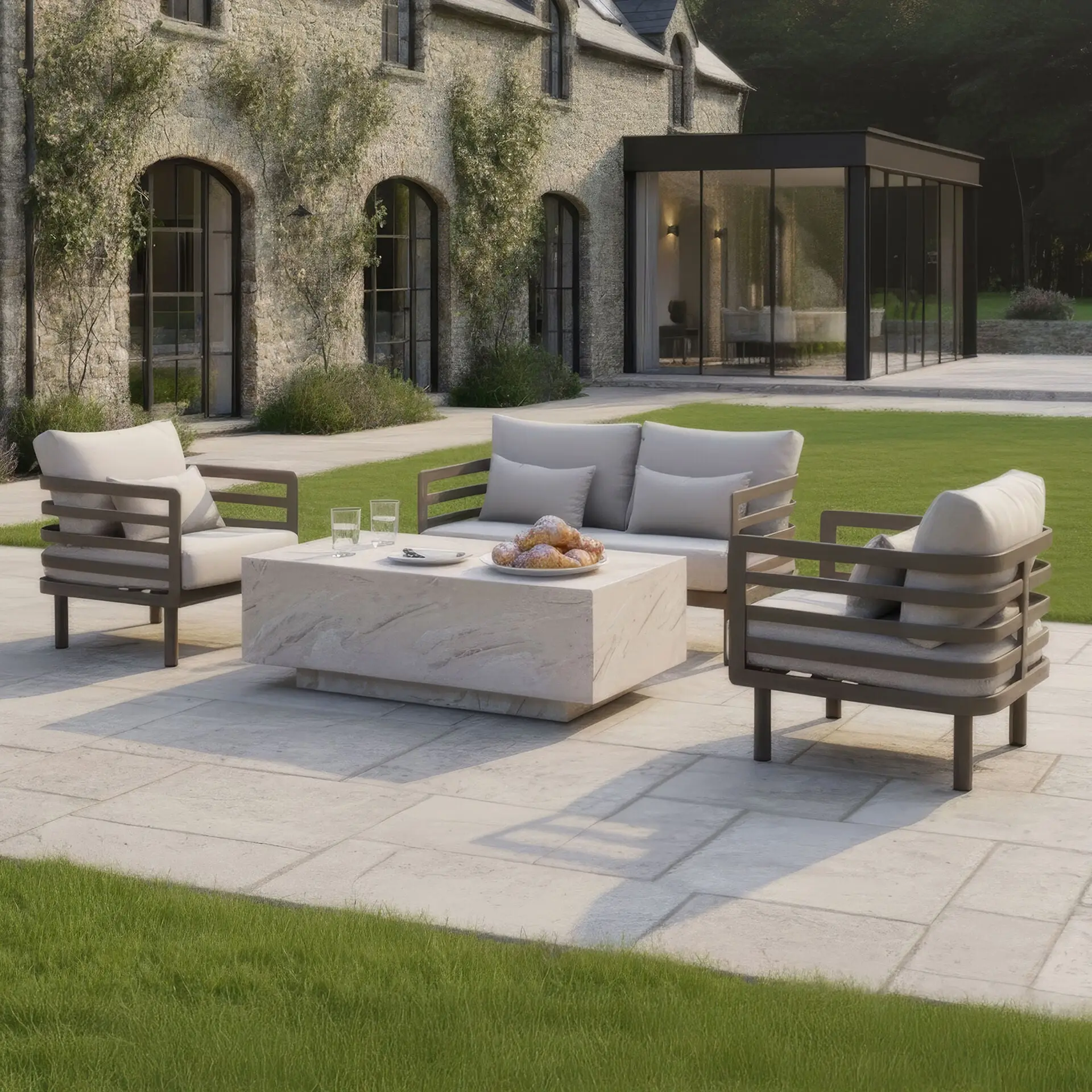 Metro Aluminium 2 Seat Sofa Armchairs Stone Coffee Table Set
