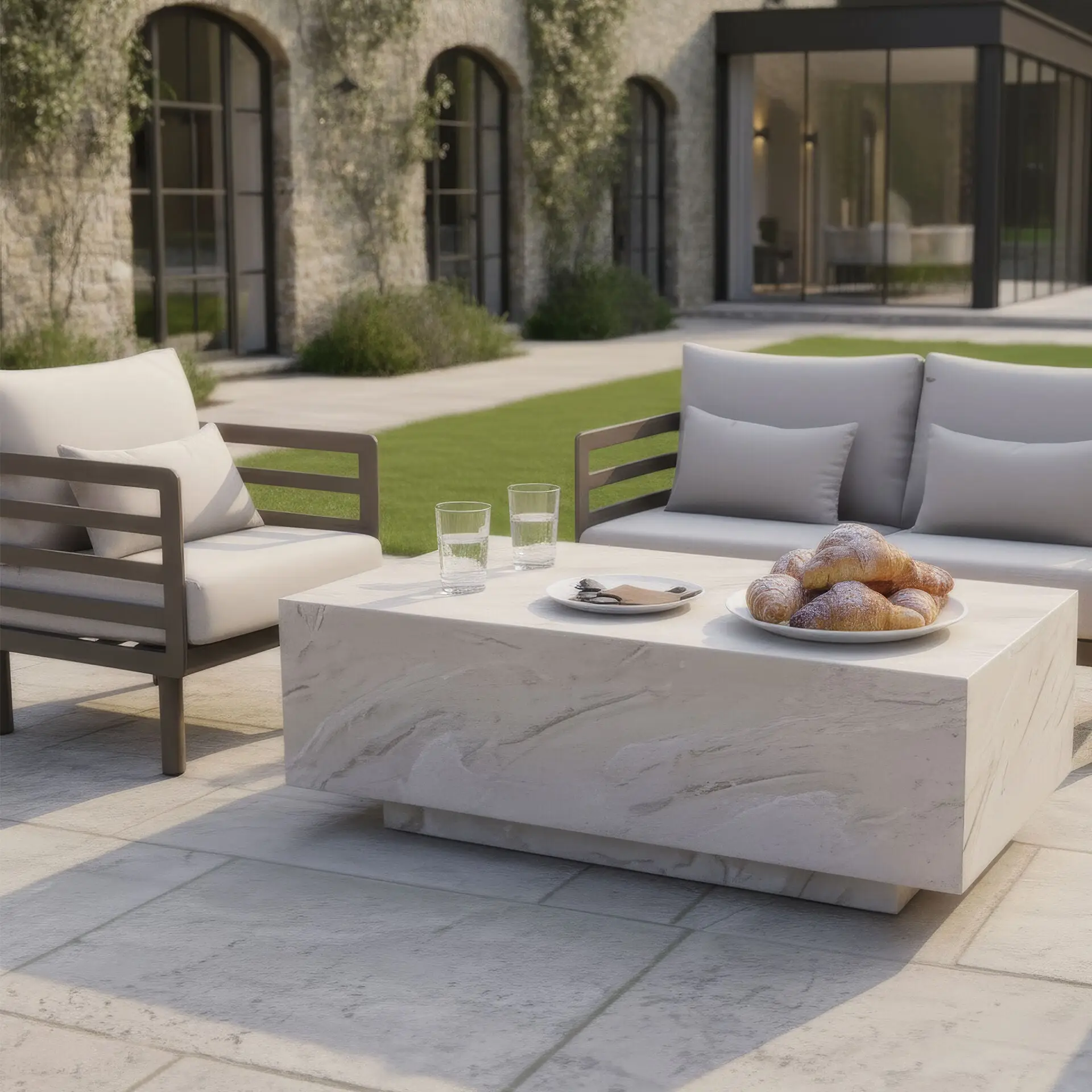Metro Aluminium 2 Seat Sofa Armchairs Stone Coffee Table Set
