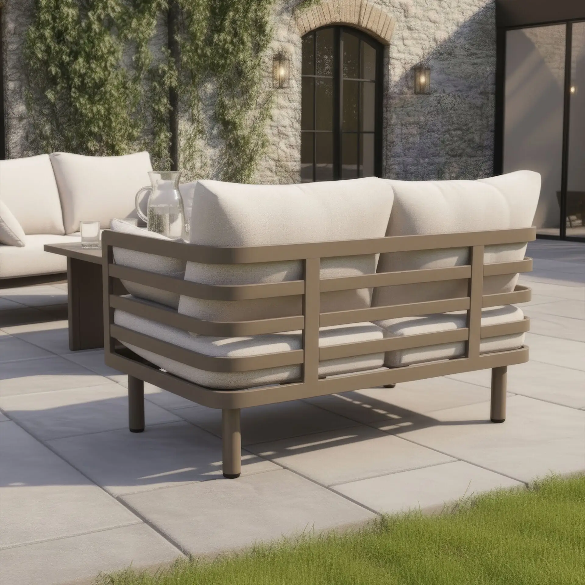 Metro Aluminium 2 Seat Sofa Armchairs Stone Coffee Table Set