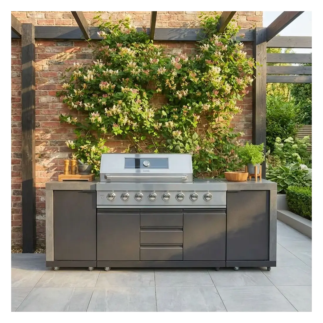 Ember Linear with 6 Burner Gas Grill & Storage Cabinets