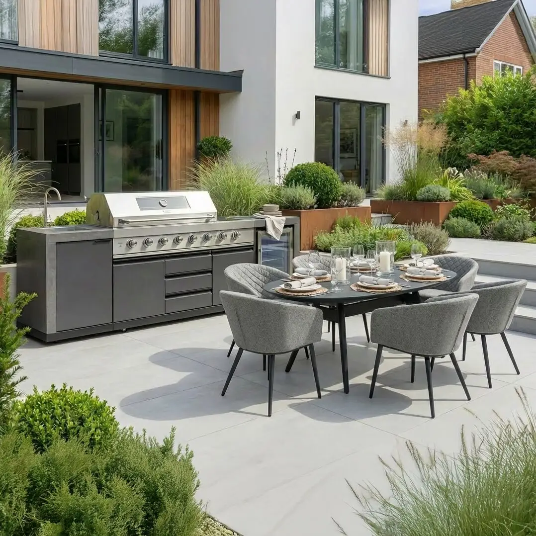 Ember Linear - 6 Burner Gas Grill - Single Fridge & Sink