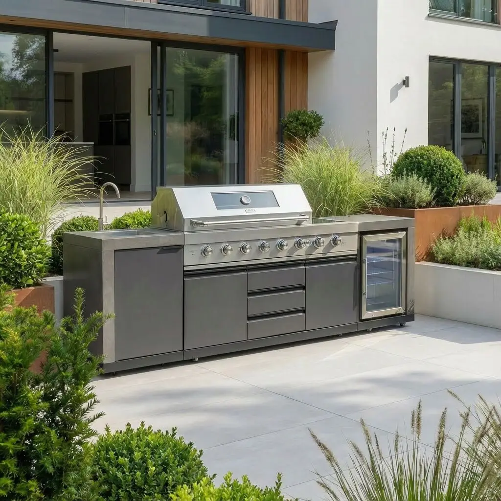 Ember Linear - 6 Burner Gas Grill - Single Fridge & Sink