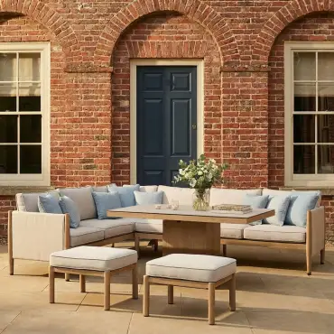 Burford Large Aluminium Corner Dining Set - Rising Table & Footstools