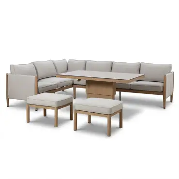 Burford Large Aluminium Corner Dining Set - Rising Table & Footstools