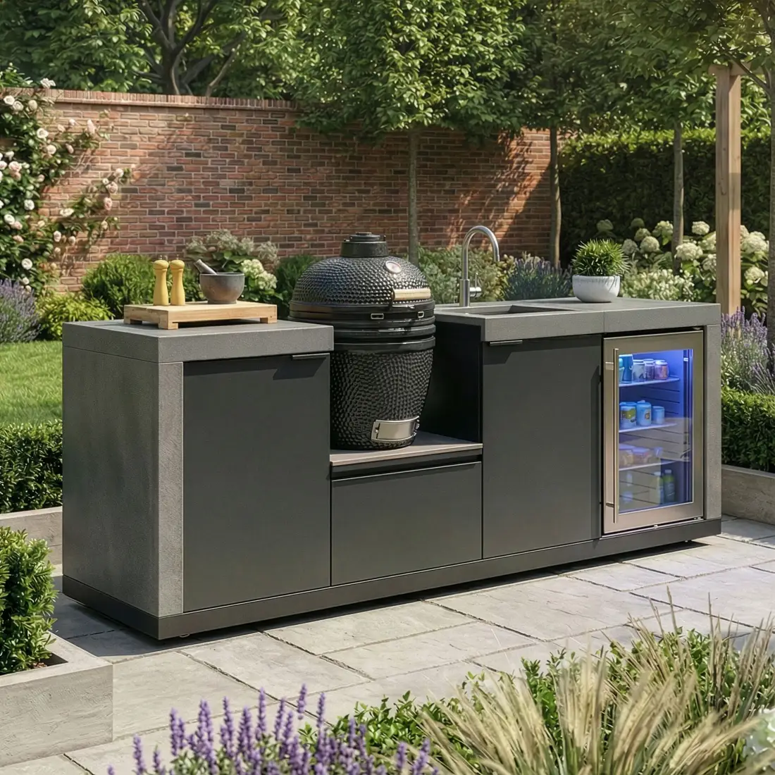 Ember Small Linear Set with Sink, Fridge & 18 inch Kamado