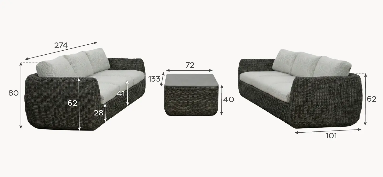 Brodie Rattan 3 Seater Sofa Suite Lounging Set