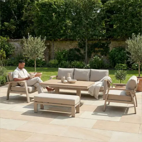Leah 3 Seater Aluminium Dining with 2 Armchairs & Bench - Adjustable Rising Table Leah 3 Seater Aluminium Dining with 2 Armchairs & Bench - Adjustable Rising Table