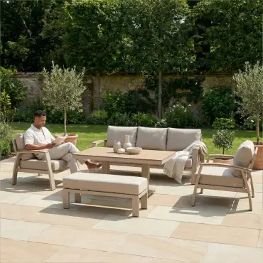 Leah 3 Seater Aluminium Dining with 2 Armchairs & Bench - Adjustable Rising Table