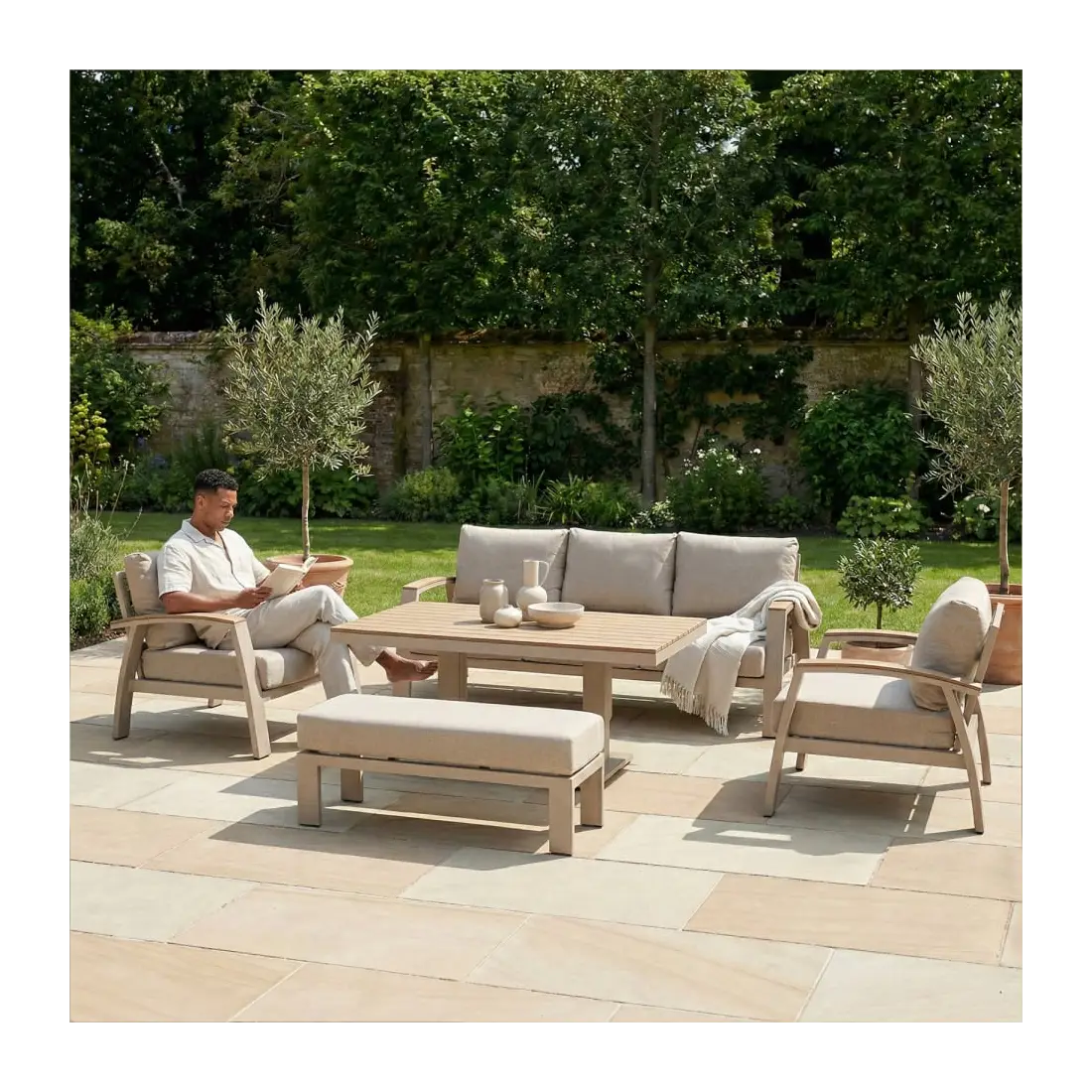 Leah 3 Seater Aluminium Dining with 2 Armchairs & Bench - Adjustable Rising Table Leah 3 Seater Aluminium Dining with 2 Armchairs & Bench - Adjustable Rising Table