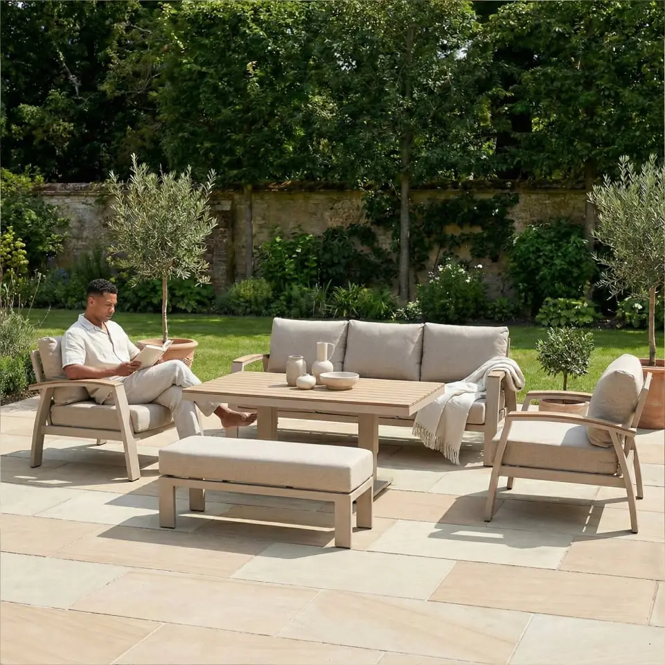 Leah 3 Seater Aluminium Dining with 2 Armchairs & Bench - Adjustable Rising Table