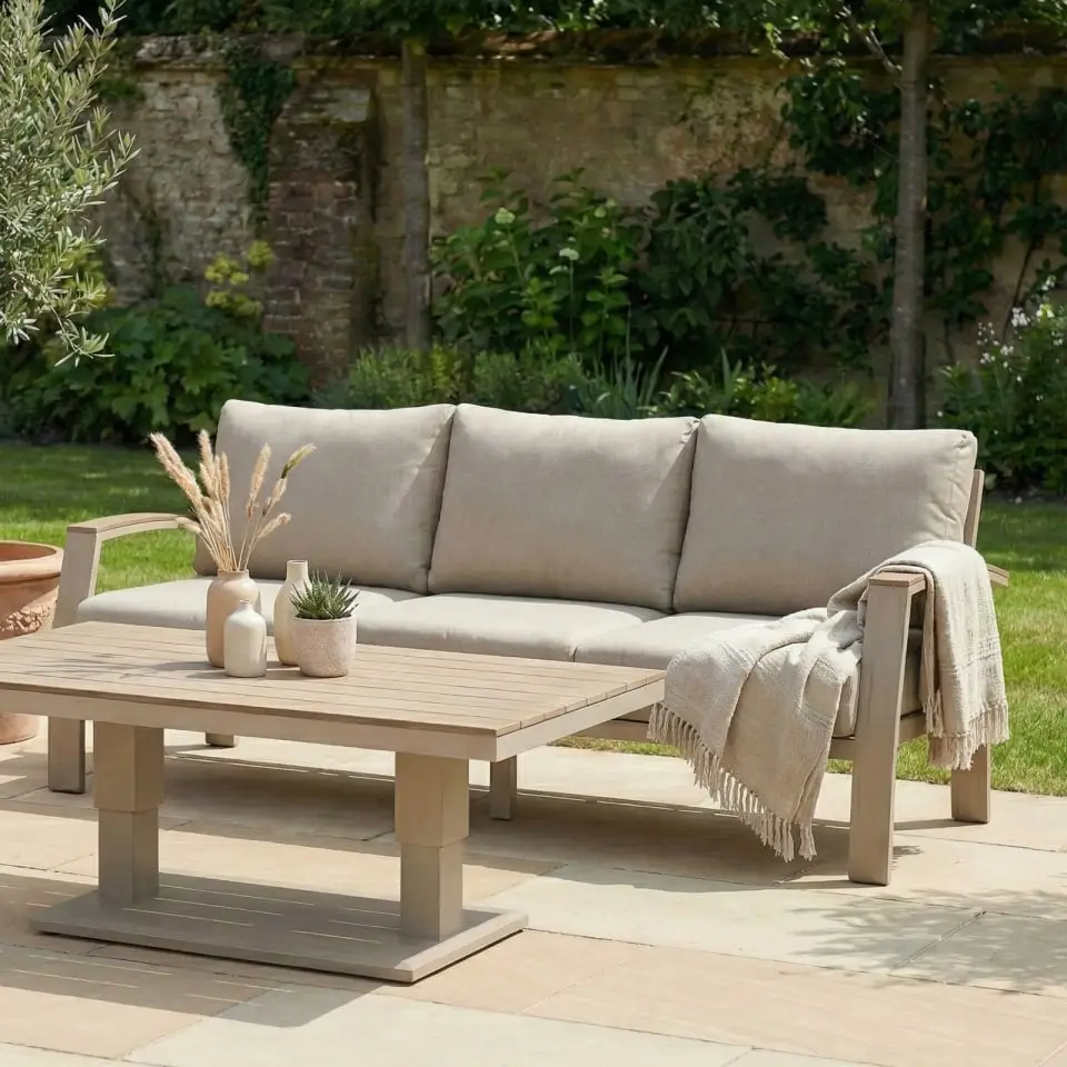 Leah 3 Seater Aluminium Dining with 2 Armchairs & Bench - Adjustable Rising Table