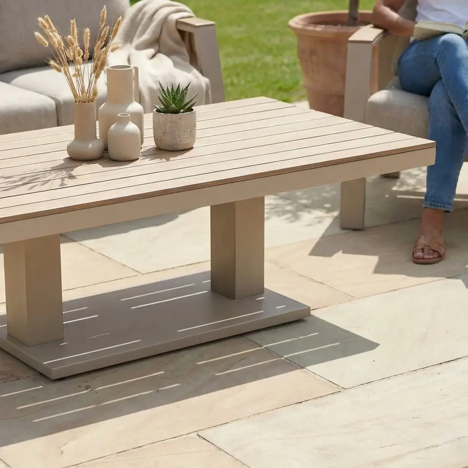 Leah 3 Seater Aluminium Dining with 2 Armchairs & Bench - Adjustable Rising Table