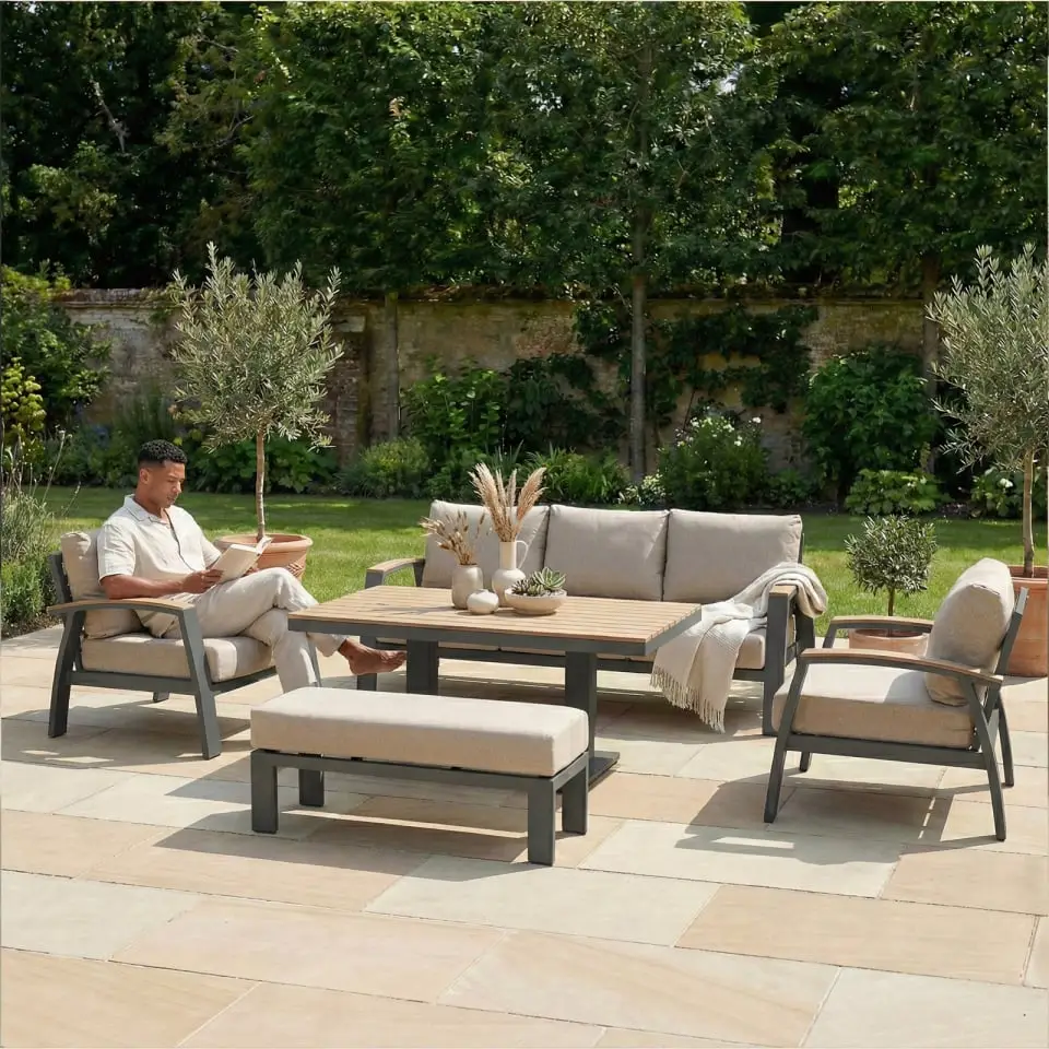 Leah 3 Seater Aluminium Dining with 2 Armchairs & Bench - Adjustable Rising Table