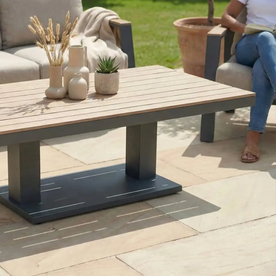 Leah 3 Seater Aluminium Dining with 2 Armchairs & Bench - Adjustable Rising Table