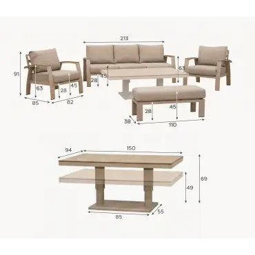 Leah 3 Seater Aluminium Dining with 2 Armchairs & Bench - Adjustable Rising Table