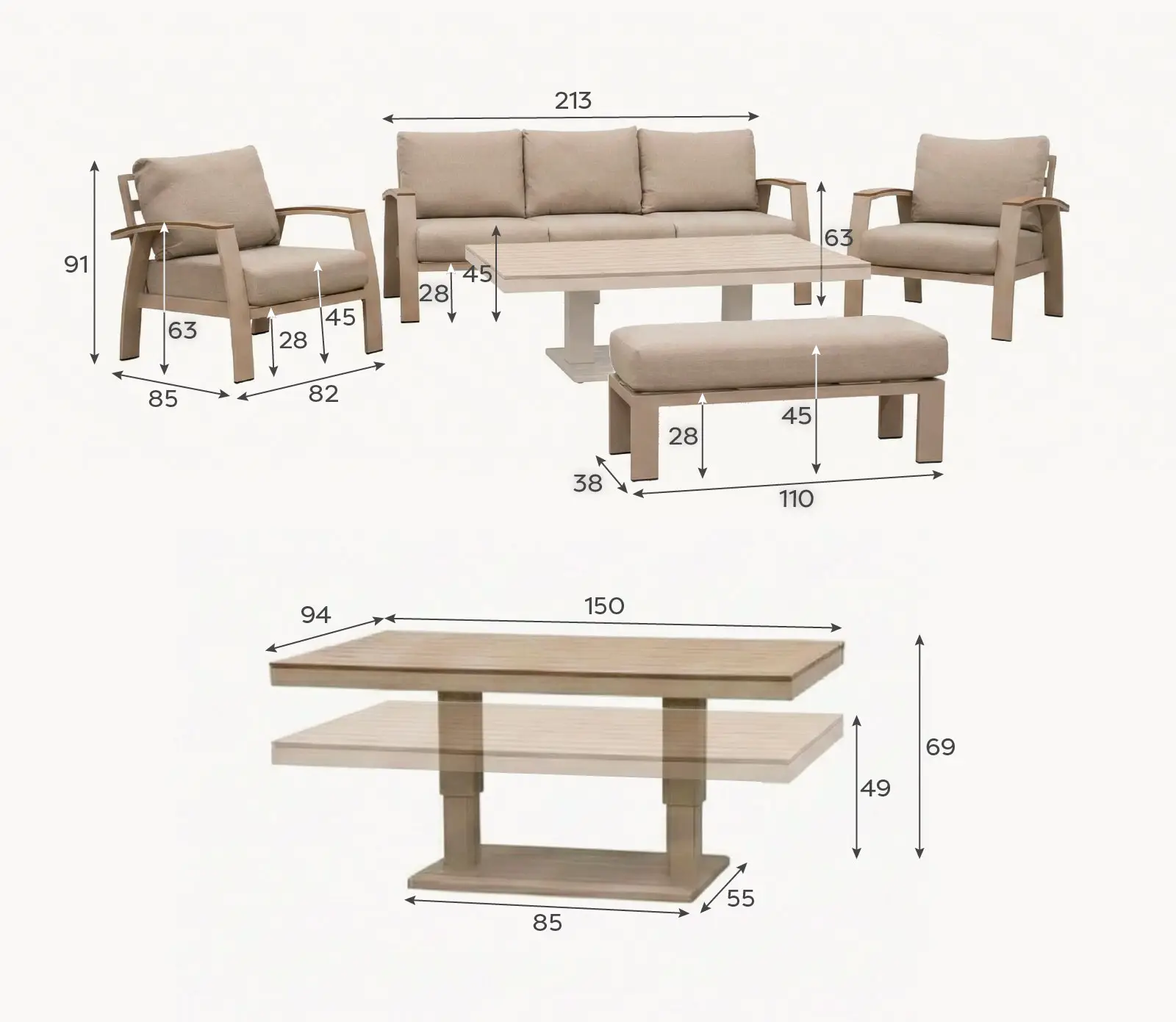 Leah 3 Seater Aluminium Dining with 2 Armchairs & Bench - Adjustable Rising Table