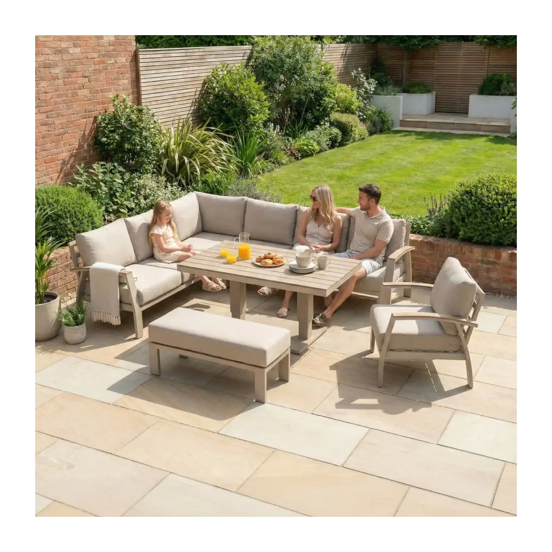 Leah Corner Aluminium Dining with Armchair & Bench - Adjustable Rising Table