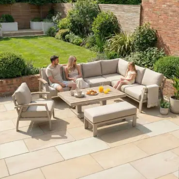 Leah Corner Aluminium Dining with Armchair & Bench - Adjustable Rising Table