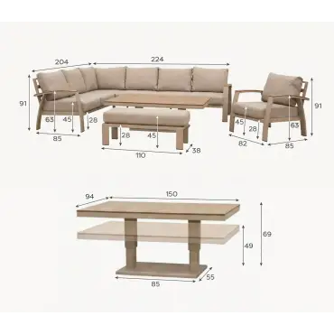 Leah Corner Aluminium Dining with Armchair & Bench - Adjustable Rising Table