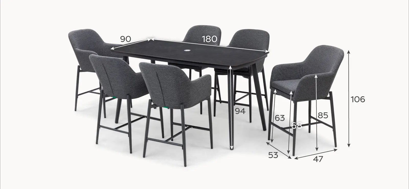 Ally 6 Seat Fabric Aluminium High Dining Set - Rectangular Table