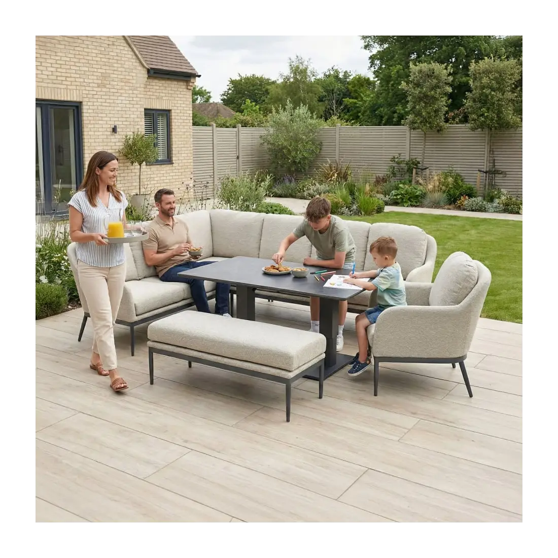 Ally Corner Fabric Aluminium Dining Set with Armchair & Bench - Adjustable Rising Table in Oatmeal Ally Corner Fabric Aluminium Dining Set with Armchair & Bench - Adjustable Rising Table in Oatmeal