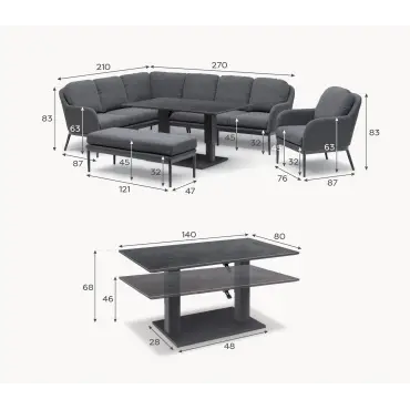 Ally Corner Fabric Aluminium Dining Set with Armchair & Bench - Adjustable Rising Table in Oatmeal
