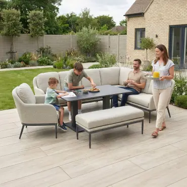 Ally Corner Fabric Aluminium Dining Set with Armchair & Bench - Adjustable Rising Table in Oatmeal