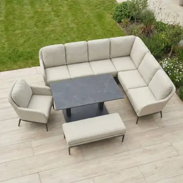 Ally Corner Fabric Aluminium Dining Set with Armchair & Bench - Adjustable Rising Table in Oatmeal