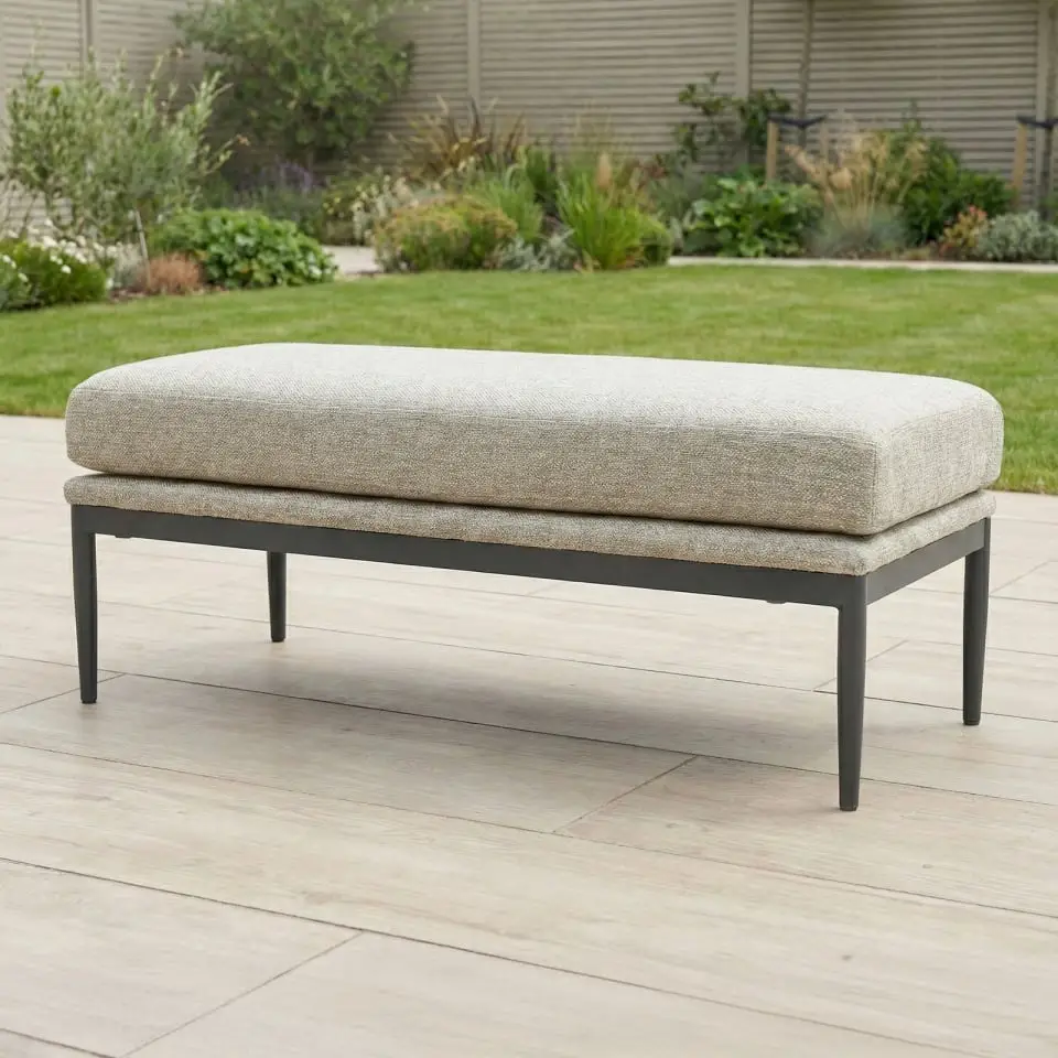 Ally Corner Fabric Aluminium Dining Set with Armchair & Bench - Adjustable Rising Table in Oatmeal
