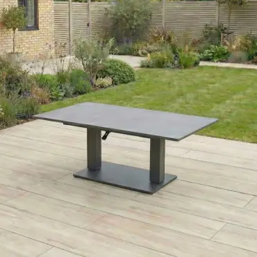 Ally Corner Fabric Aluminium Dining Set with Armchair & Bench - Adjustable Rising Table in Oatmeal