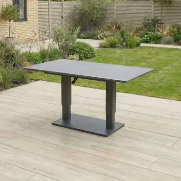 Ally Corner Fabric Aluminium Dining Set with Armchair & Bench -  Adjustable Rising Table in Oatmeal