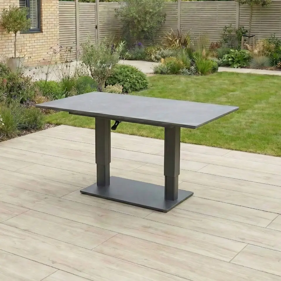 Ally Corner Fabric Aluminium Dining Set with Armchair & Bench - Adjustable Rising Table in Oatmeal
