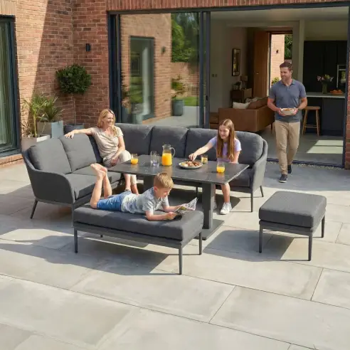 Ally Corner Fabric Aluminium Dining Set with Bench & Stool - Adjustable Rising Table in Graphite Grey