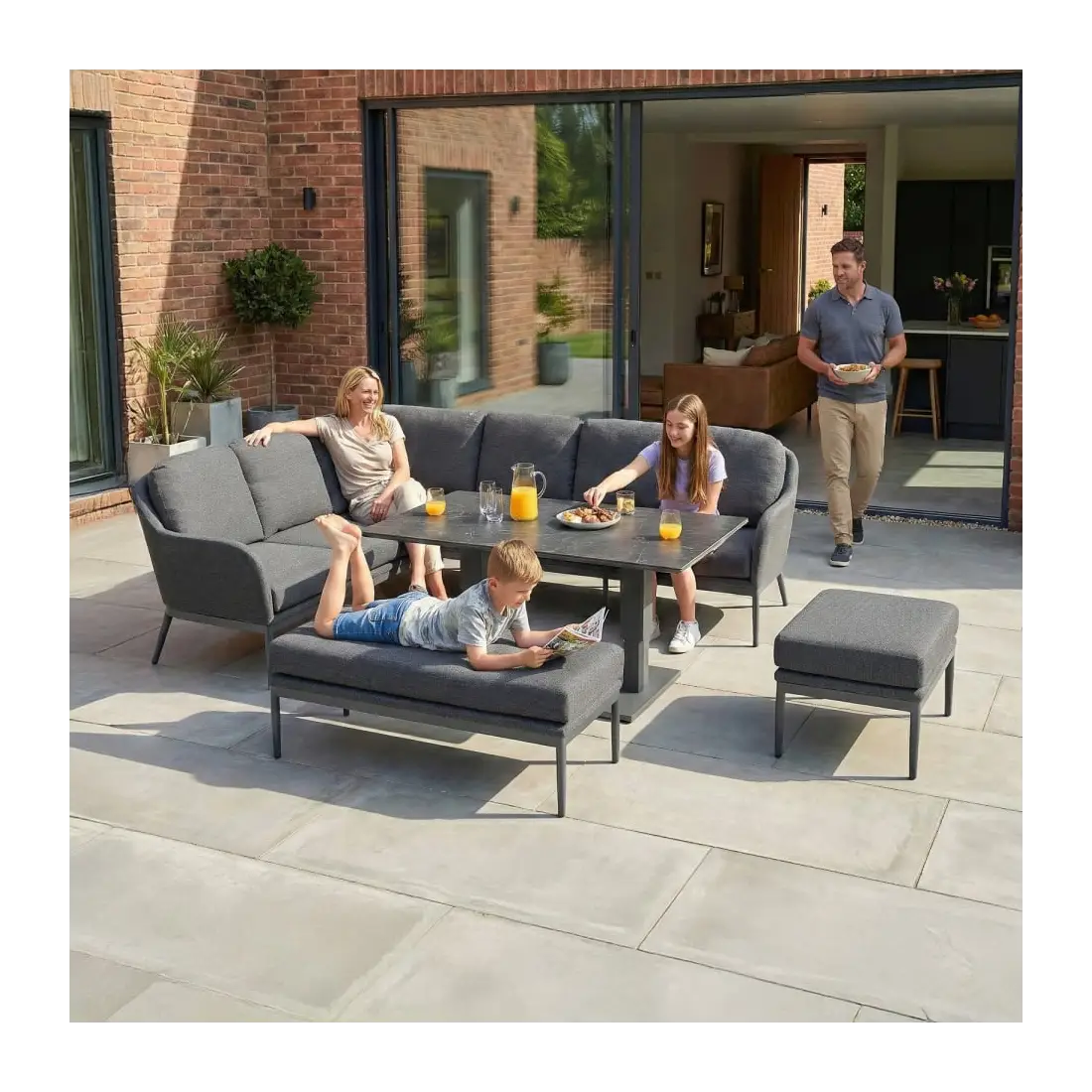 Ally Corner Fabric Aluminium Dining Set with Bench & Stool - Adjustable Rising Table in Graphite Grey
