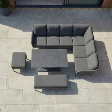 Ally Corner Fabric Aluminium Dining Set with Bench & Stool - Adjustable Rising Table in Graphite Grey