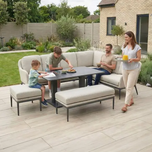 Ally Corner Fabric Aluminium Dining Set with Bench & Stool - Adjustable Rising Table in Oatmeal