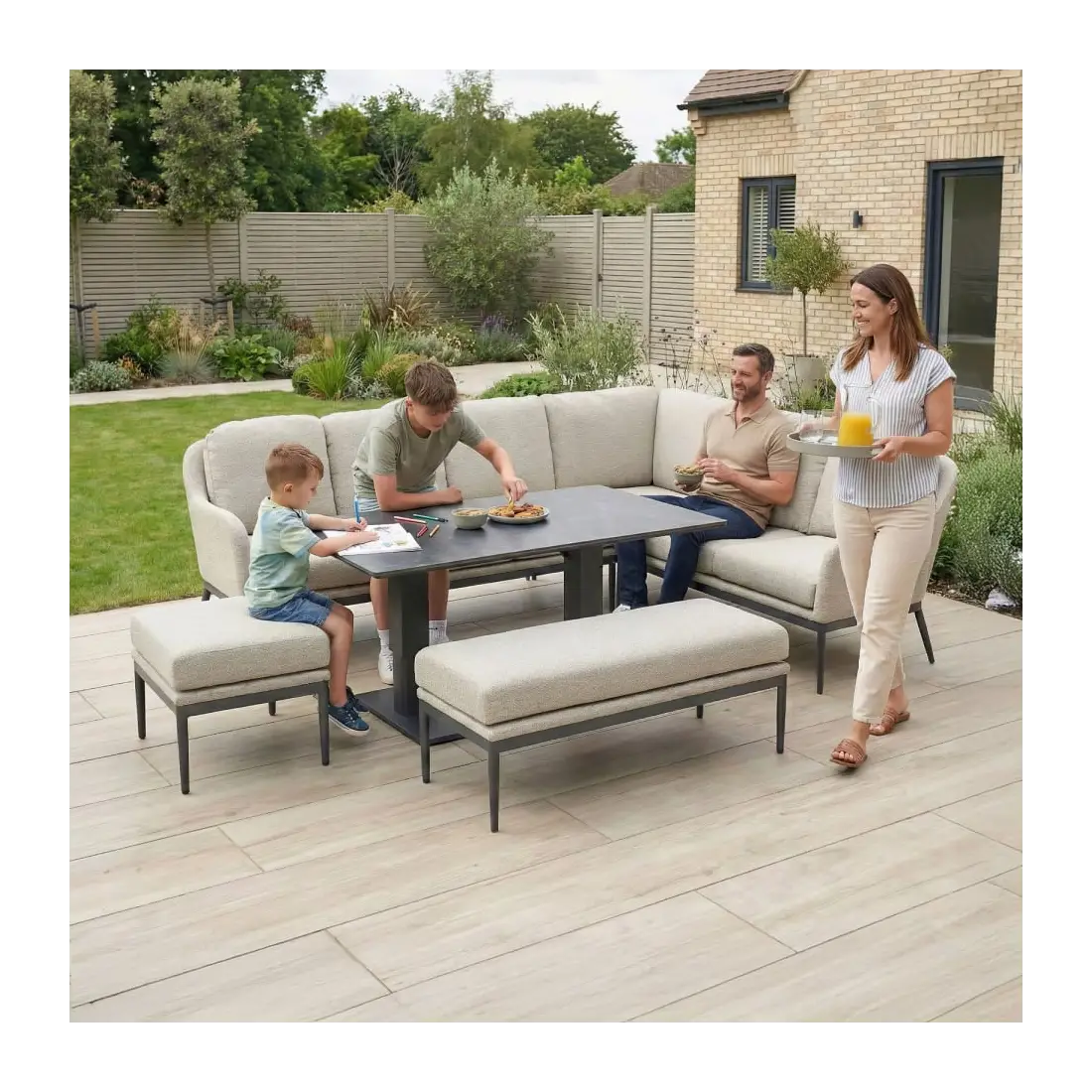Ally Corner Fabric Aluminium Dining Set with Bench & Stool - Adjustable Rising Table in Oatmeal