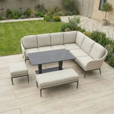 Ally Corner Fabric Aluminium Dining Set with Bench & Stool - Adjustable Rising Table in Oatmeal