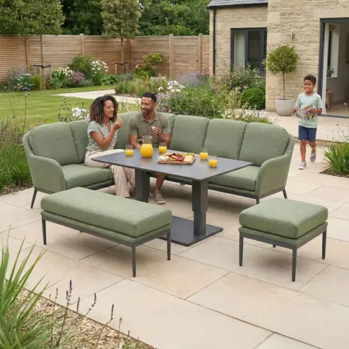 Ally Corner Fabric Aluminium Dining Set with Bench & Stool - Adjustable Rising Table in Green