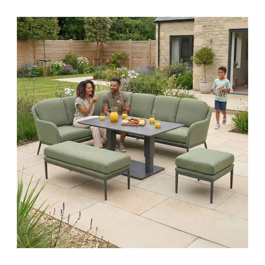 Ally Corner Fabric Aluminium Dining Set with Bench & Stool - Adjustable Rising Table in Green