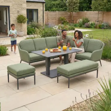 Ally Corner Fabric Aluminium Dining Set with Bench & Stool - Adjustable Rising Table in Green
