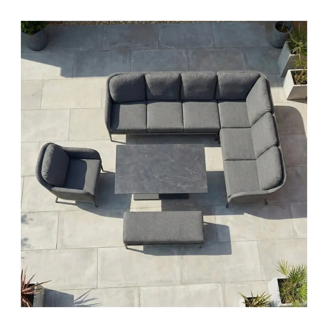 Ally Corner Fabric Aluminium Dining Set with Armchair & Bench - Adjustable Rising Table in Graphite Grey Ally Corner Fabric Aluminium Dining Set with Armchair & Bench - Adjustable Rising Table in Graphite Grey