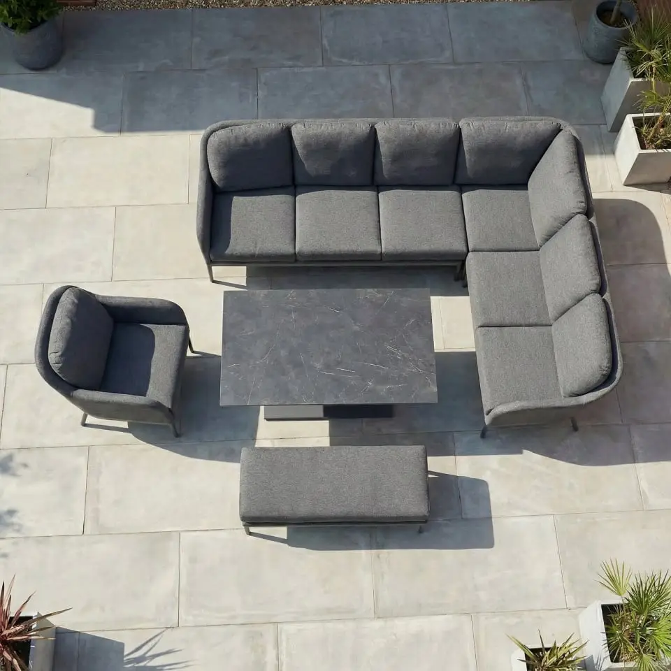 Ally Corner Fabric Aluminium Dining Set with Armchair & Bench - Adjustable Rising Table in Graphite Grey