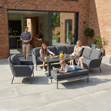 Ally Corner Fabric Aluminium Dining Set with Armchair & Bench - Adjustable Rising Table in Graphite Grey